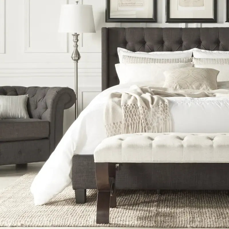 Lit King Size Capitonnage Boutons Tissu Rembourré avec Tête de Lit Ailée