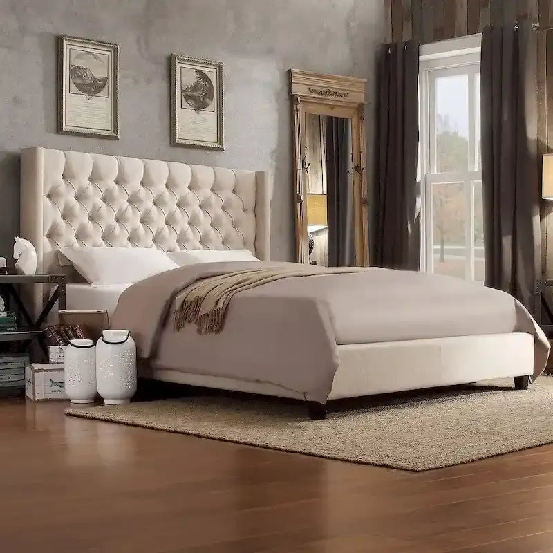 Lit King Size Capitonnage Boutons Tissu Rembourré avec Tête de Lit Ailée