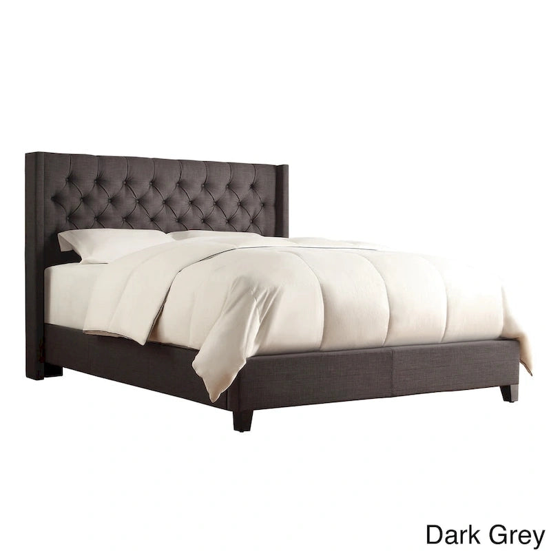 Lit King Size Capitonnage Boutons Tissu Rembourré avec Tête de Lit Ailée