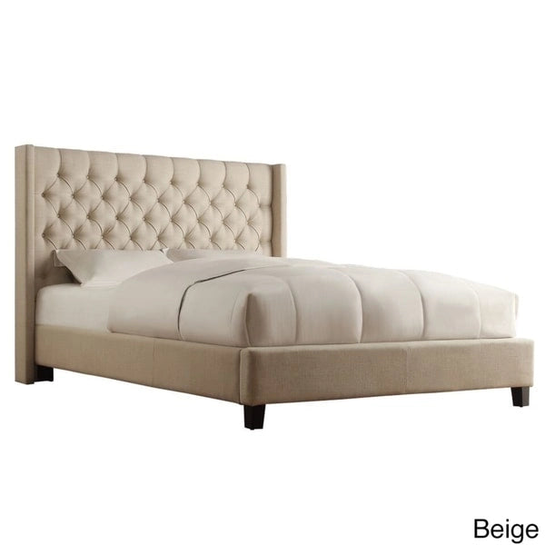 Lit King Size Capitonnage Boutons Tissu Rembourré avec Tête de Lit Ailée