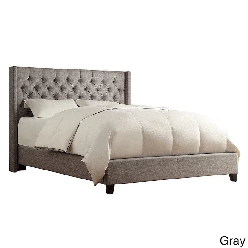 Lit King Size Capitonnage Boutons Tissu Rembourré avec Tête de Lit Ailée