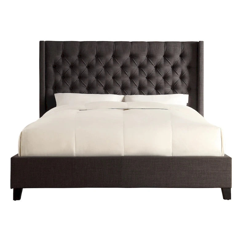 Lit King Size Capitonnage Boutons Tissu Rembourré avec Tête de Lit Ailée