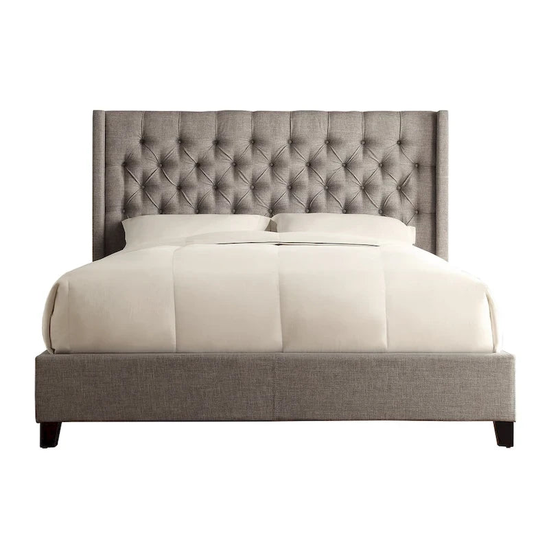 Lit King Size Capitonnage Boutons Tissu Rembourré avec Tête de Lit Ailée