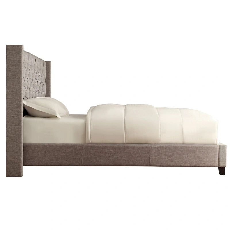 Lit King Size Capitonnage Boutons Tissu Rembourré avec Tête de Lit Ailée