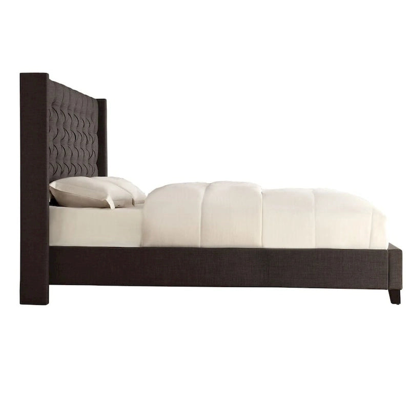 Lit King Size Capitonnage Boutons Tissu Rembourré avec Tête de Lit Ailée