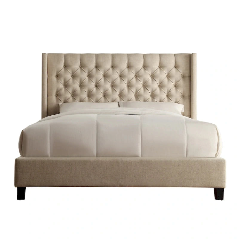Lit King Size Capitonnage Boutons Tissu Rembourré avec Tête de Lit Ailée