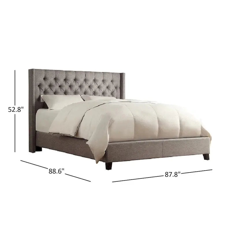 Lit King Size Capitonnage Boutons Tissu Rembourré avec Tête de Lit Ailée