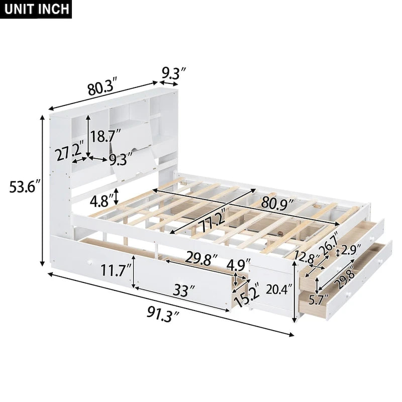 Lit plateforme avec tête de lit de rangement et 8 tiroirs