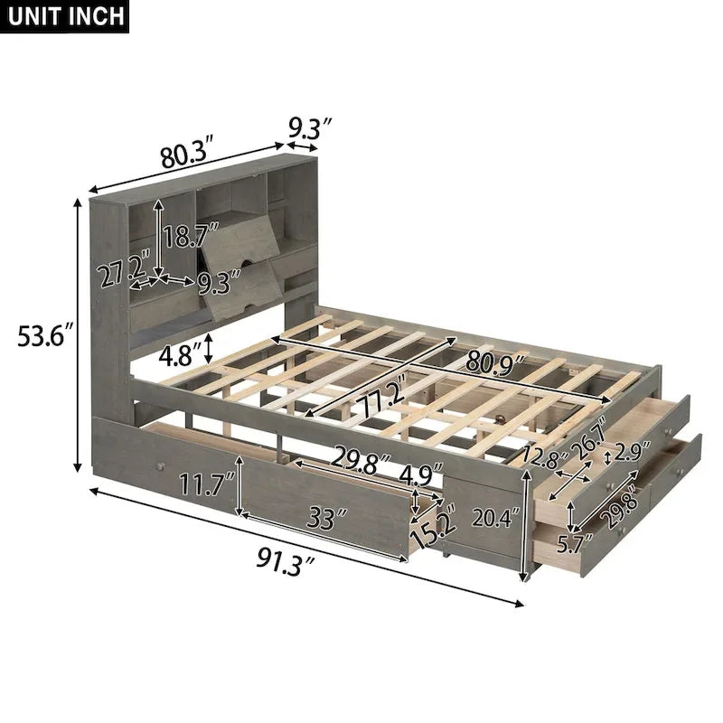 Lit plateforme avec tête de lit de rangement et 8 tiroirs