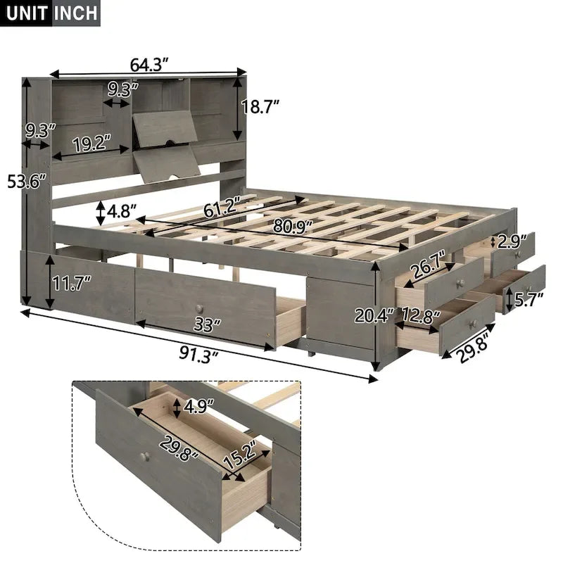Lit plateforme avec tête de lit de rangement et 8 tiroirs