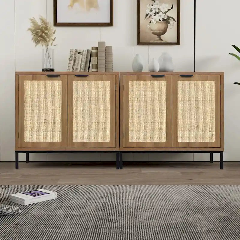Buffet/Bahut d'appoint en rotin de style Mid-Century Modern avec 2 portes en bois