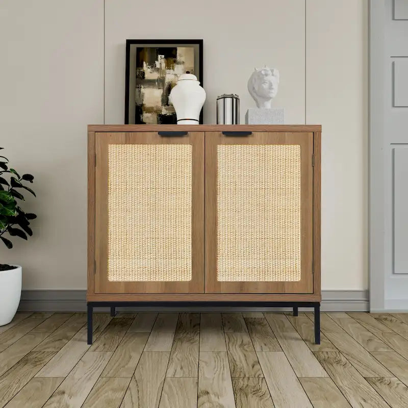 Buffet/Bahut d'appoint en rotin de style Mid-Century Modern avec 2 portes en bois