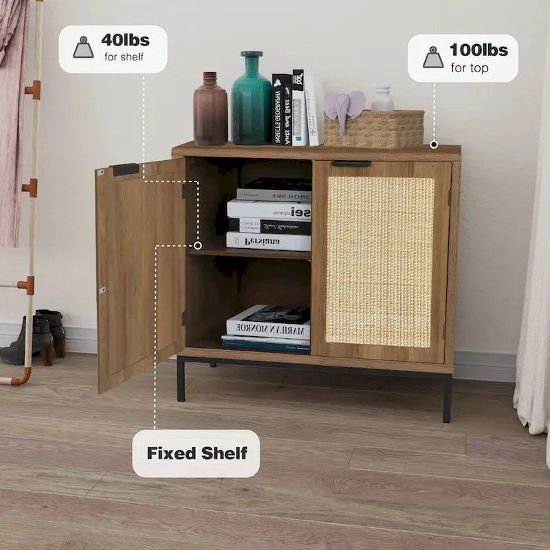 Buffet/Bahut d'appoint en rotin de style Mid-Century Modern avec 2 portes en bois