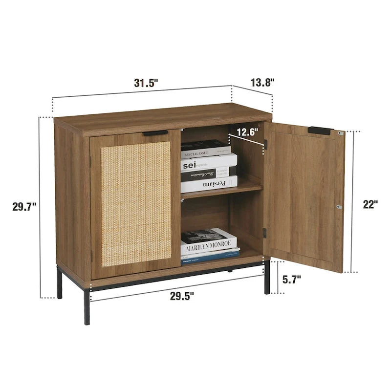 Buffet/Bahut d'appoint en rotin de style Mid-Century Modern avec 2 portes en bois