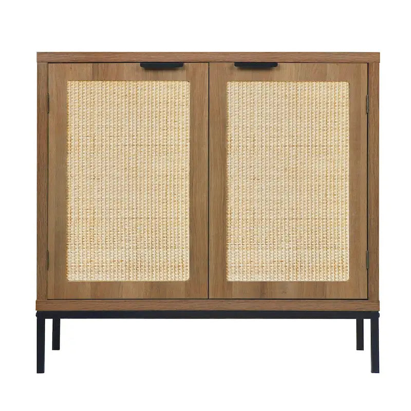 Buffet/Bahut d'appoint en rotin de style Mid-Century Modern avec 2 portes en bois