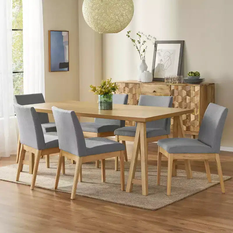 GDFStudio Hampton 7 Pieces Mid Century Modern Upholstered Rubber Wood Dining Set