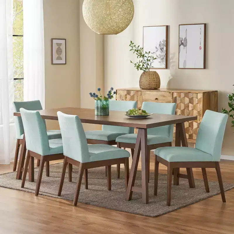 GDFStudio Hampton 7 Pieces Mid Century Modern Upholstered Rubber Wood Dining Set