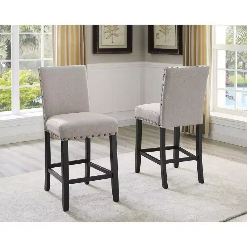 Roundhill Furniture Biony Espresso Wood Counter Height Dining Set with Tan Fabric Nailhead Stools