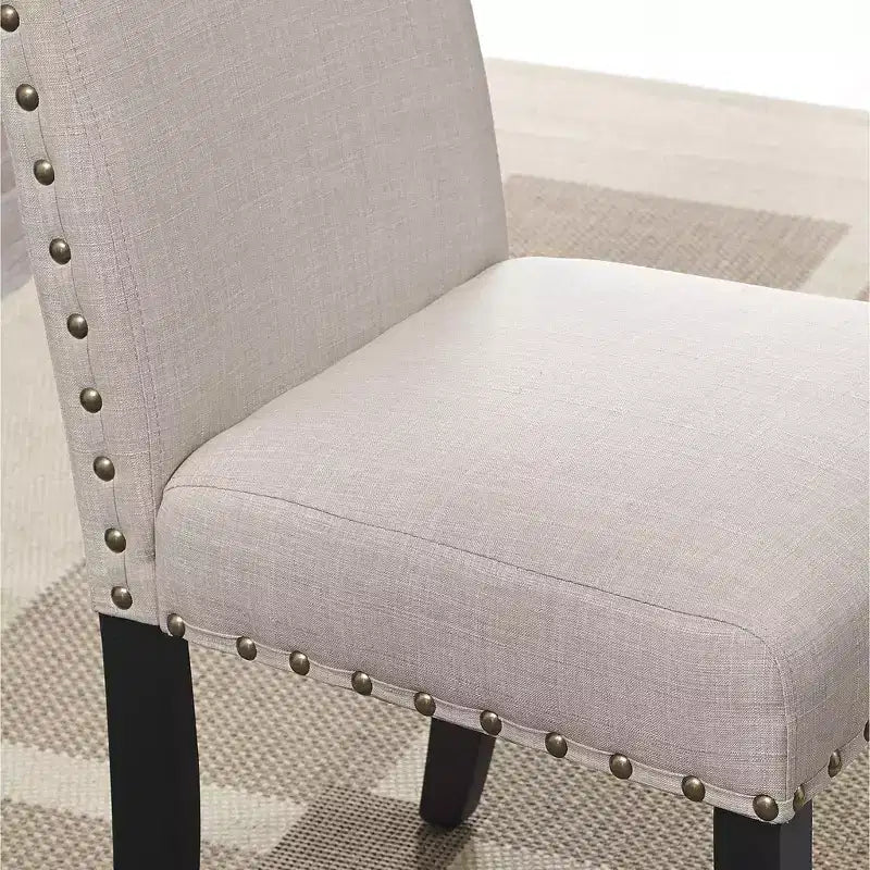 Roundhill Furniture Biony Espresso Wood Counter Height Dining Set with Tan Fabric Nailhead Stools