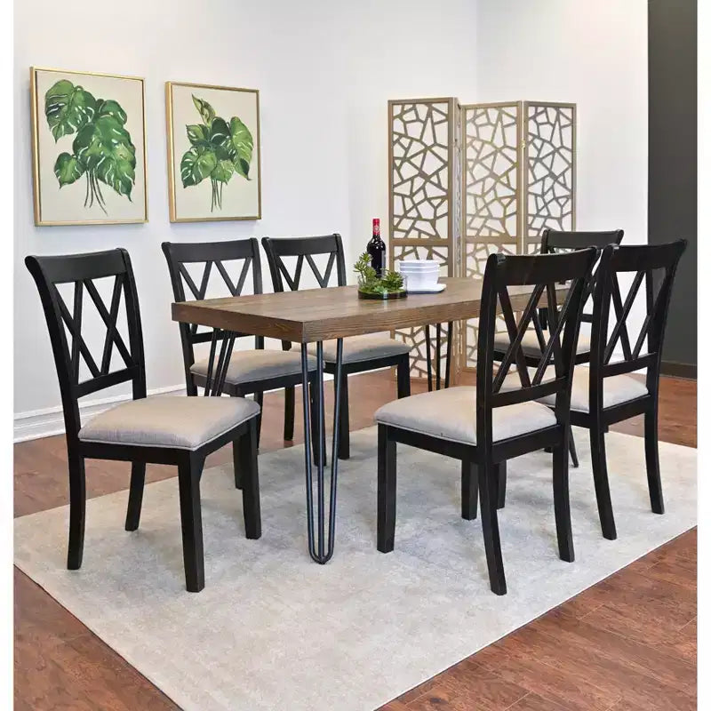 Arroyo 7-Piece Dining Set, Hairpin Dining Table with 6 Cross-back Chairs, Rich Black