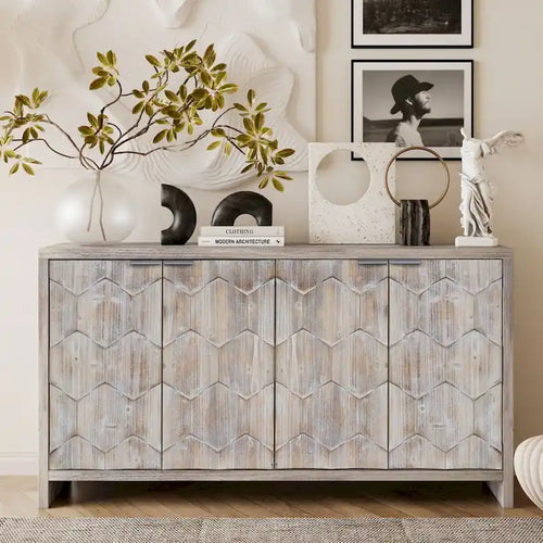 Buffet de salle à manger 60 po noir antique de style rustique, meuble de rangement avec 4 portes en bois