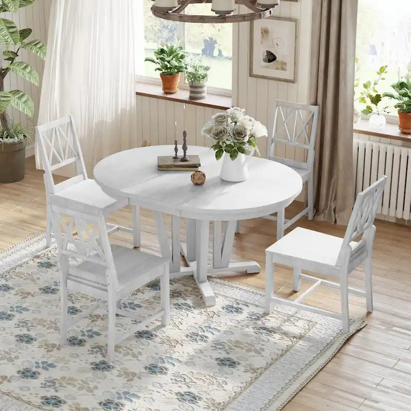 Ensemble de table à manger extensible rustique 5 pièces - Table ronde à tréteaux et 4 chaises de salle à manger à dossier croisé pour cuisine, salle à manger, gris