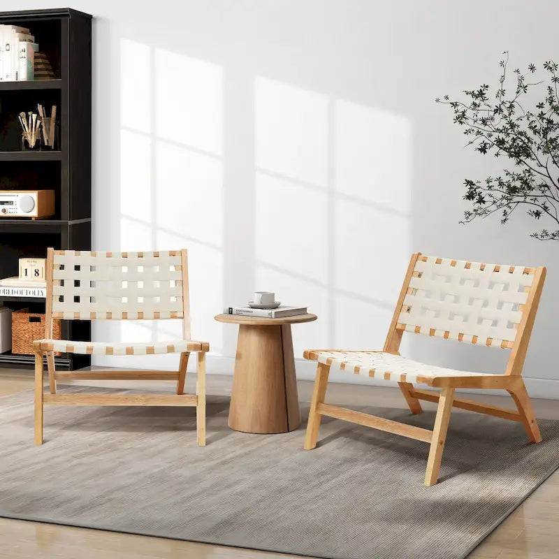 Fauteuil d'appoint sans accoudoirs à profil bas en bois d'hévéa naturel et cuir synthétique blanc, lot de 2 - 28,5 H x 26,3 L x 26,5 P
