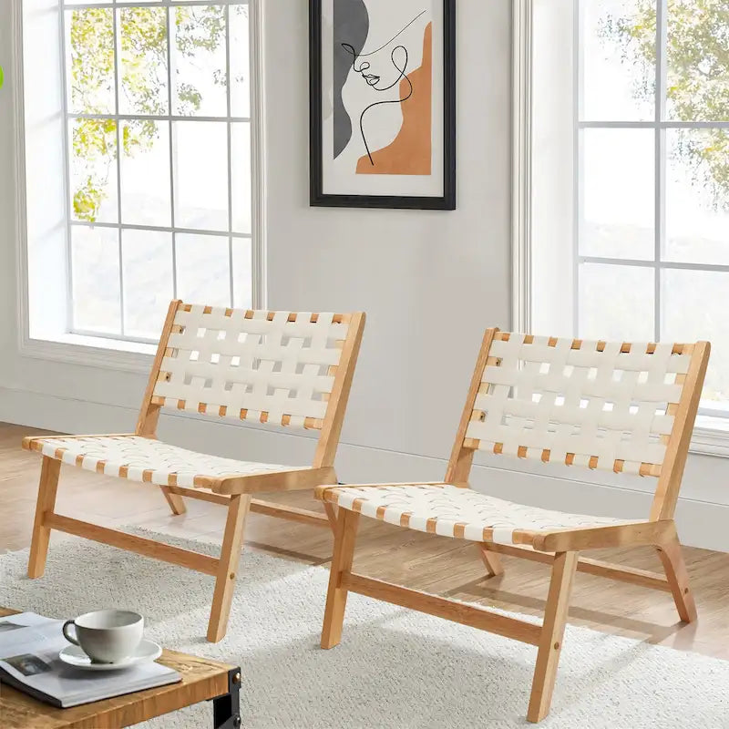 Fauteuil d'appoint sans accoudoirs à profil bas en bois d'hévéa naturel et cuir synthétique blanc, lot de 2 - 28,5 H x 26,3 L x 26,5 P