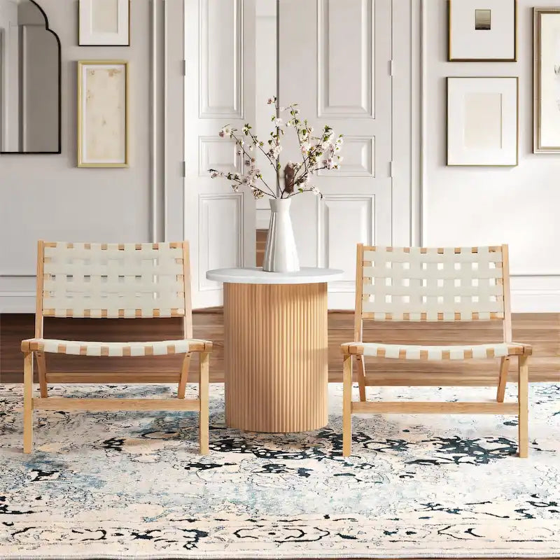 Fauteuil d'appoint sans accoudoirs à profil bas en bois d'hévéa naturel et cuir synthétique blanc, lot de 2 - 28,5 H x 26,3 L x 26,5 P