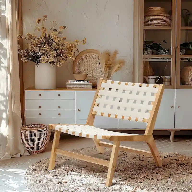 Fauteuil d'appoint sans accoudoirs à profil bas en bois d'hévéa naturel et cuir synthétique blanc, lot de 2 - 28,5 H x 26,3 L x 26,5 P
