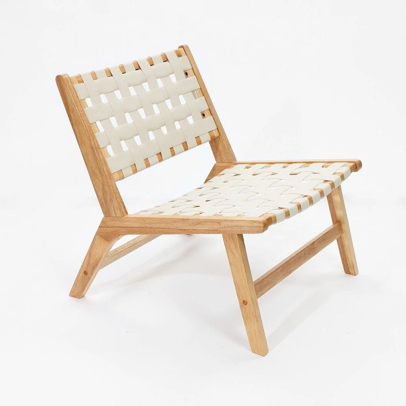 Fauteuil d'appoint sans accoudoirs à profil bas en bois d'hévéa naturel et cuir synthétique blanc, lot de 2 - 28,5 H x 26,3 L x 26,5 P