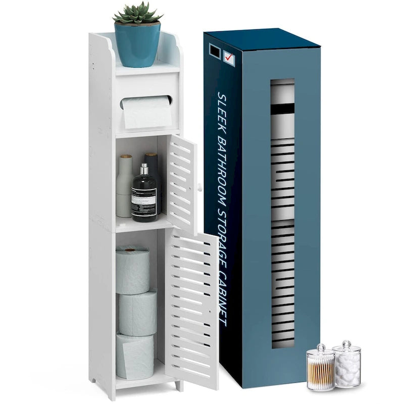 Meuble de Rangement Salle de Bain - Armoire Haute sur Pied pour Papier Toilette, Serviettes et Autres Accessoires de Rangement de Salle de Bain