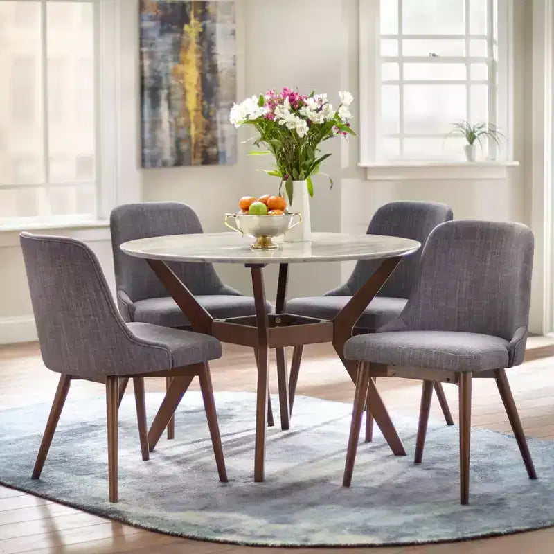 Buylateral 5pc Saville Mid Century Modern Faux Marble Round Dining Set Faux Marble Top, Chairs, Seats 4