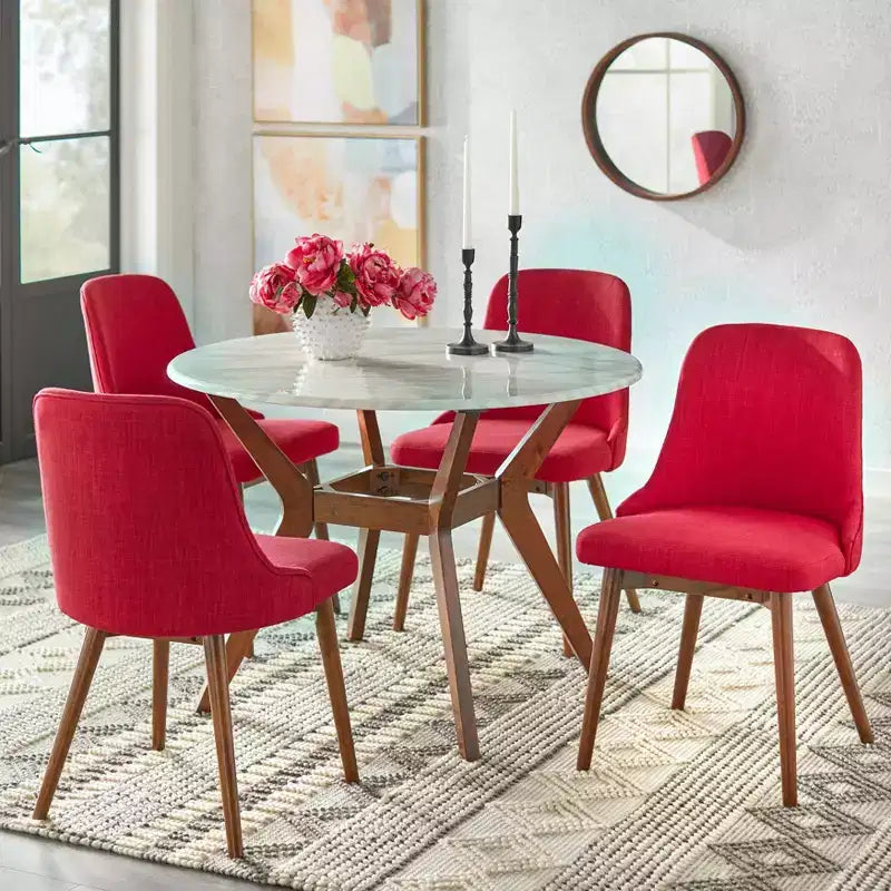 Buylateral 5pc Saville Mid Century Modern Faux Marble Round Dining Set Faux Marble Top, Chairs, Seats 4