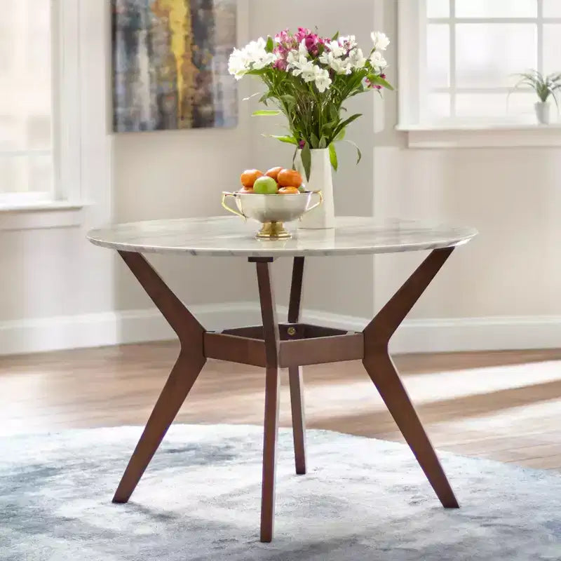 Buylateral 5pc Saville Mid Century Modern Faux Marble Round Dining Set Faux Marble Top, Chairs, Seats 4