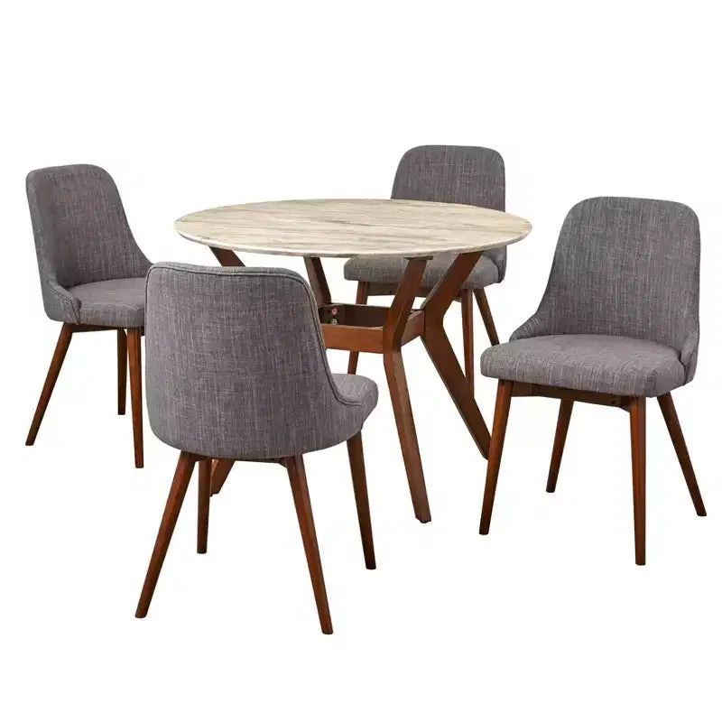 Buylateral 5pc Saville Mid Century Modern Faux Marble Round Dining Set Faux Marble Top, Chairs, Seats 4