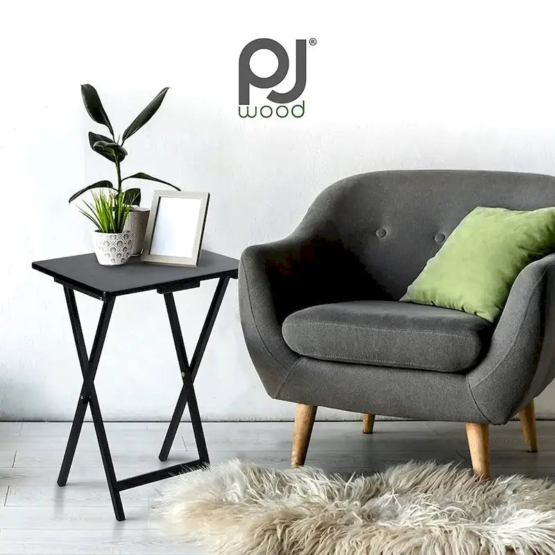 Plateaux de table pliables pour télévision avec support de rangement compact, Noir, Ensemble de 2 pièces - 18.44