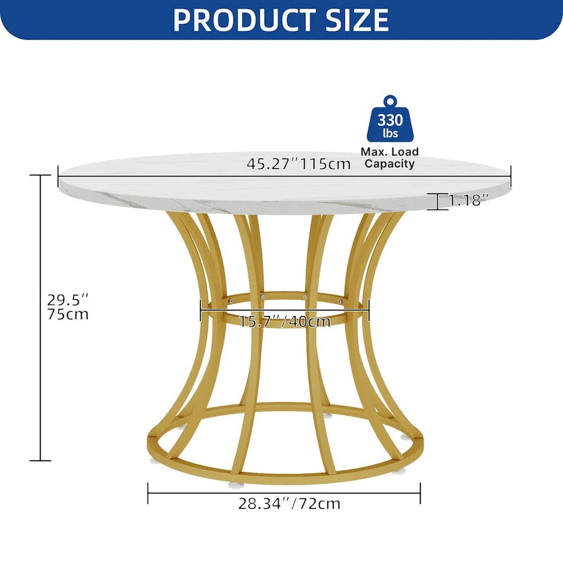 Table à manger ronde moderne en faux marbre de 114 cm pour 4 à 6 personnes