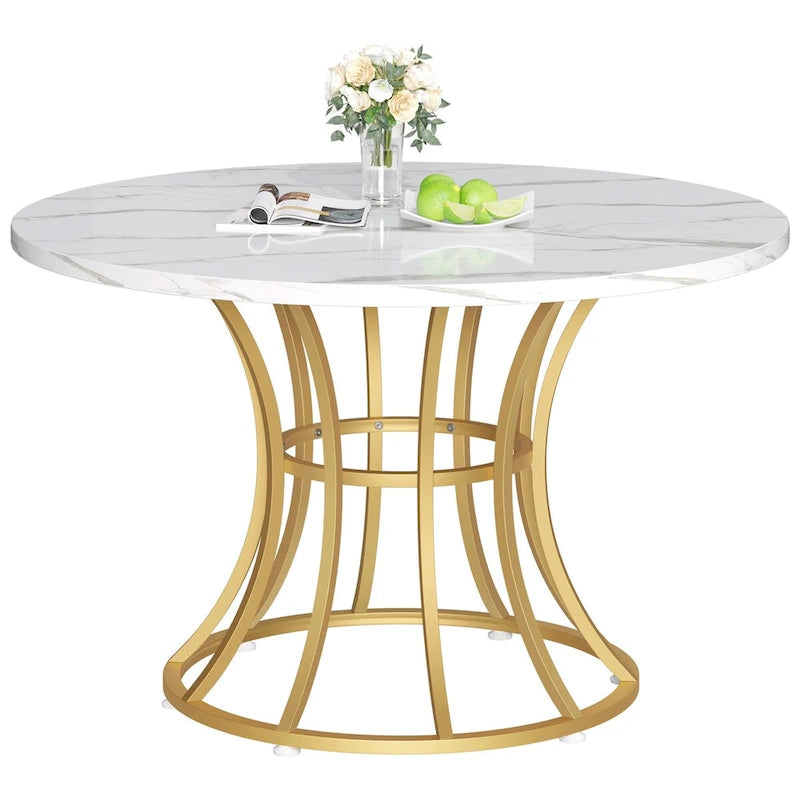 Table à manger ronde moderne en faux marbre de 114 cm pour 4 à 6 personnes